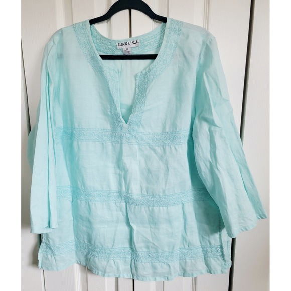 Lino Tops - Lino USA 2X Light Blue 100% Linen Tunic Top Bejeweled Sequin Beaded Embroidered‎